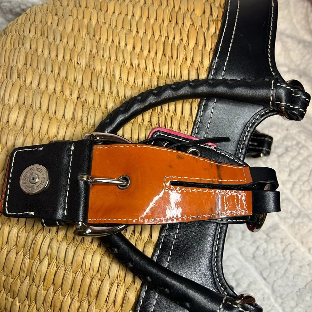 Coach Straw Tote Black Leather Pink Signature Lining RARE - Picture 6 of 10